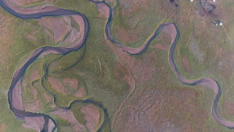 Aerial-drone-shot-of-river-lines-in-mongolian-steppes.-Tilt-on-yurts